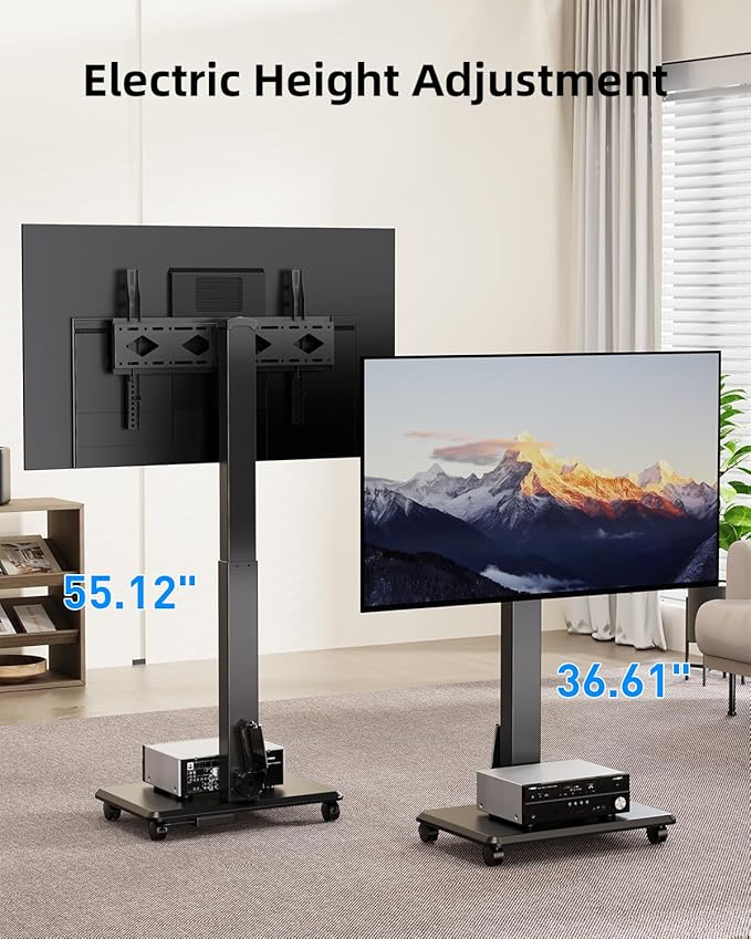 Motorized Mobile TV Stand on Wheels for 32-75 Inch TVs up to 176 lbs, Electric Height Adjustable Rolling TV Cart, Heavy Duty Portable Rolling TV Stand, Smart Remote with Memory Presets, Black