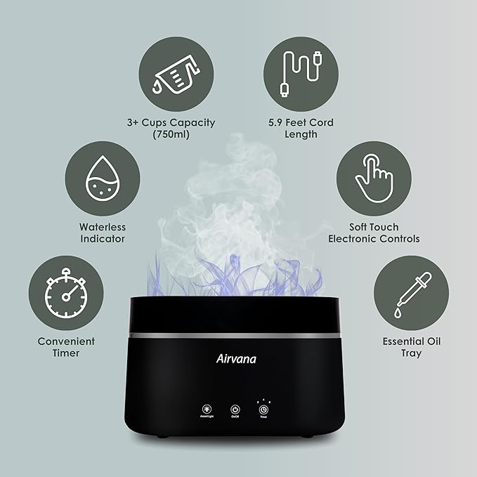 AquaFlame Ultrasonic Humidifier (.75L / .20 Gal) - Vibration Technology Humidifier with Essential Oil Diffuser – Tabletop Design for Personal Use, Dorm Rooms, & Desks -Black
