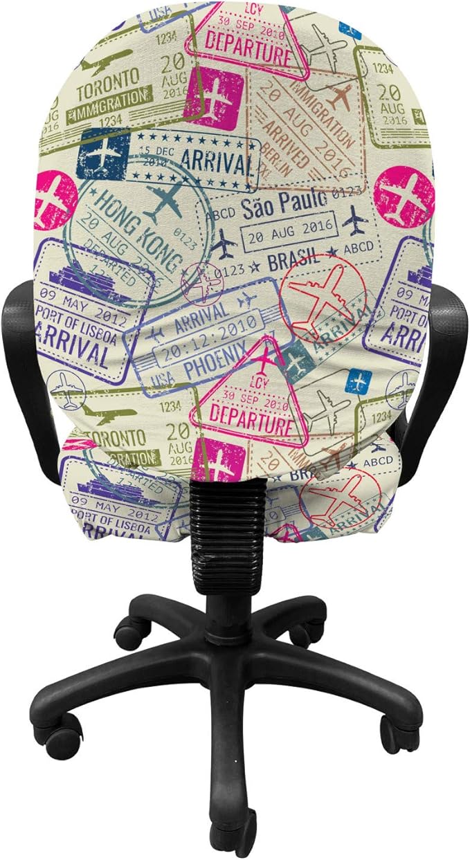Ambesonne Travel Office Chair Slipcover, Passport and Visa Stamps Illustration of Toronto Hong Kong Berlin Print, Protective Stretch Decorative Fabric Cover, Standard Size, Eggshell Pink