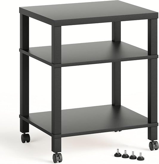 3-Tier Printer Stand with Wheels, Large Under Desk Rolling Cart for Office Storage, Heavy Duty Machine Stand with Adjustable Shelf, 22.04"x17.71"x26.54", Black
