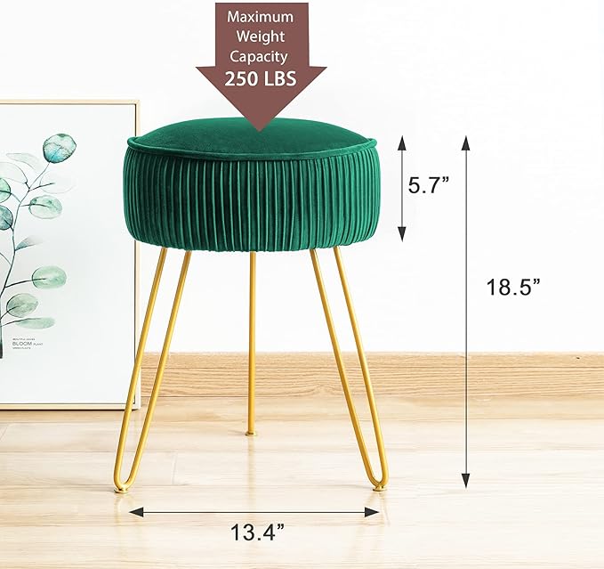 LUE BONA Pleated Vanity Stool, Velvet Upholstered for Makeup Room, Round Mondern Stool for Vanity, Ottoman Footrest with Metal Legs for Living Room, Bedroom, Emerald