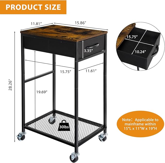 YBING Computer Tower Stand PC Tower Stand with Storage Drawer Mobile CPU Holder Stand with Caster Wheels 2 Tier Rolling Computer Tower Cart for Home Office Fax, Rustic Brown