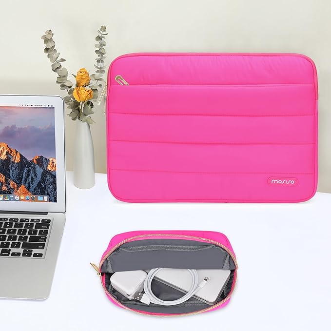 MOSISO Laptop Case 13.3 inch,13-13.3 inch Puffy Laptop Sleeve Compatible with MacBook Air 13.6 M5 M4 M3 M2 M1/Neo/Pro 13/14,HP Dell ASUS Lenovo,Polyester Horizontal Bag with Small Case, Rose Red