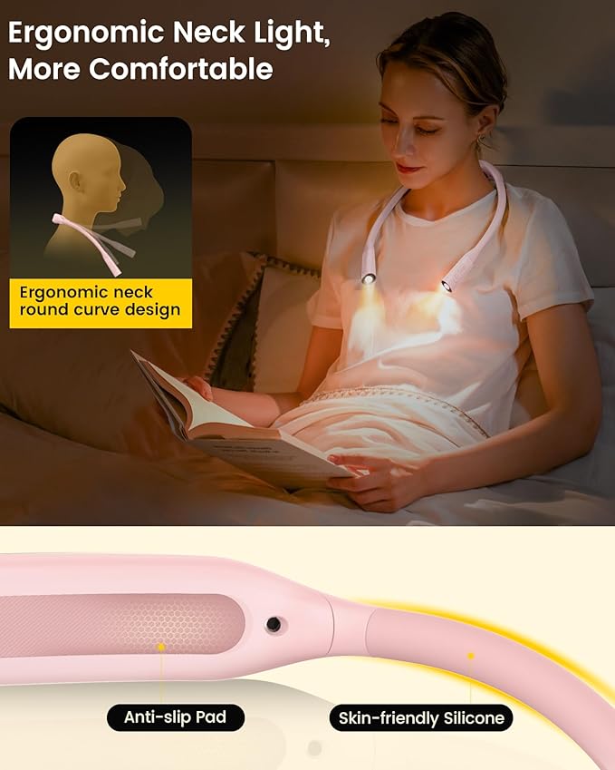 Glocusent Lightweight Neck Light for Reading in Bed, 1200mAh Rechargeable Book Light, Hands-Free Reading Light, 5 Colors, 5 Brightness Adjustable, Private Bedtime Reading for Book Lover