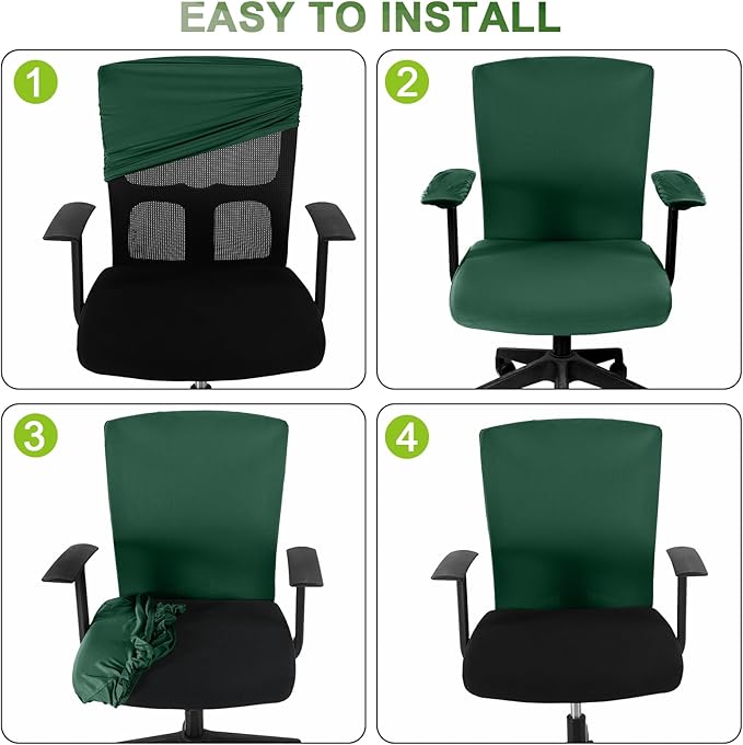 Tallew 4 Pcs Office Chair Covers Set Computer Universal Protective Stretchable Chair Seat Covers Desk Armrest Cover Pads Office Cushion Backrest for Rotating(Regular,Dark Green)