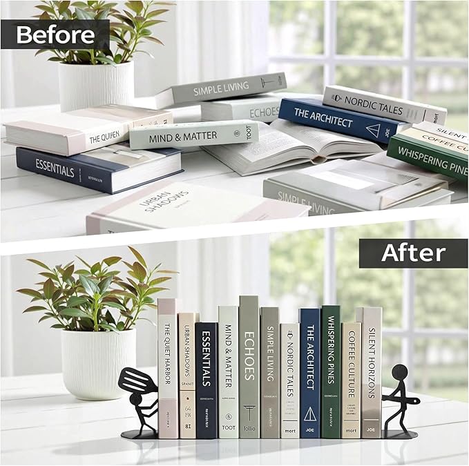 ENCIMART Bookends Decorative Metal Book Ends for Shelves, Kitchen Bookends for Heavy Books, Unique Cute Cookbook Organizer Book Holder for Kitchen Housewarming Cooking Book Lover Gifts