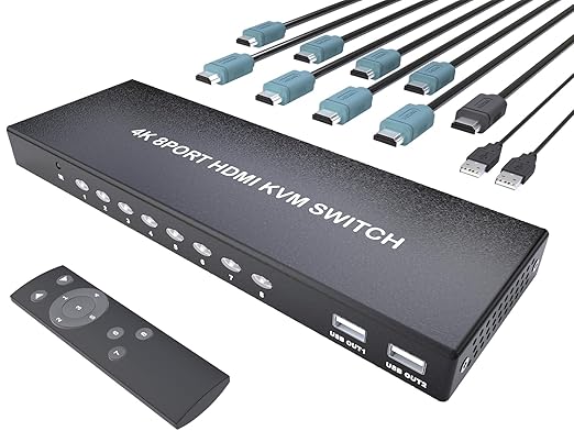 HDMI KVM Switch 8 Port - KVM Switcher for 8 Computers Share 1 Monitor & 3 USB 2.0 Devices,Keyboard Mouse Printer,Support 4K@60Hz, 8 Cables 1 IR Remote Included