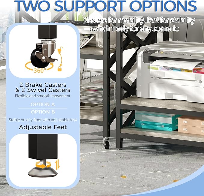METYERRY Large Printer Stand with Power Outlet, with Height Adjustable Storage Shelf, 3 Tier Rolling Printer Cart with Industrial Wheels, 23.6 x 23.6 Inches Printer Table for Home Office, Greige