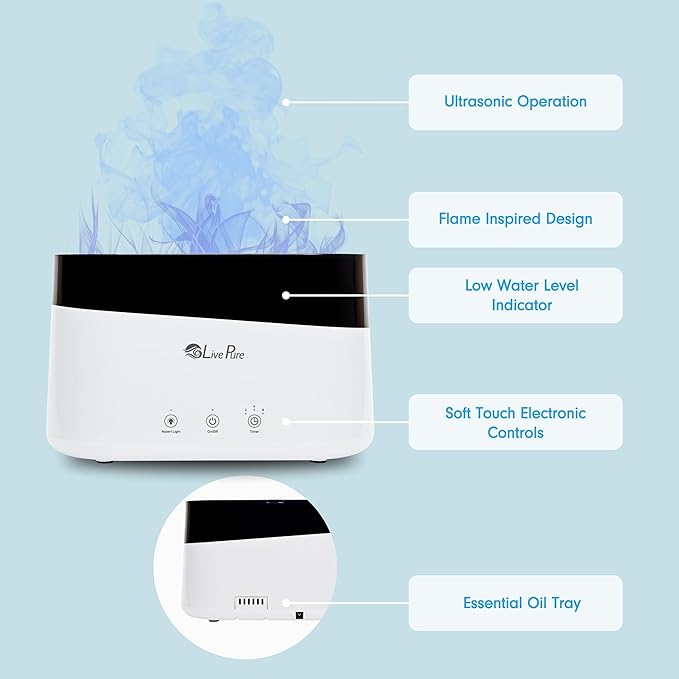 LP300HUM LivePure Aqua Flame Ultrasonic Humidifier (0.19 Gal)- Vibration Technology Humidifier with Essential Oil Diffuser – Mini Portable Cute Design for Personal Use, Dorm Rooms, & Desks - Black