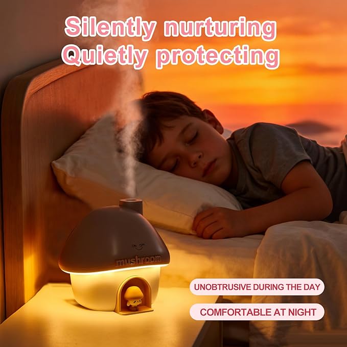 Mushroom House Humidifiers, Rechargeable Desktop Silent Air Humidifier with Night Light, USB Portable Cute Mist Humidifiers with Rainbow Gradient Lighting for Home, Office, Car, and Travel (Pink)