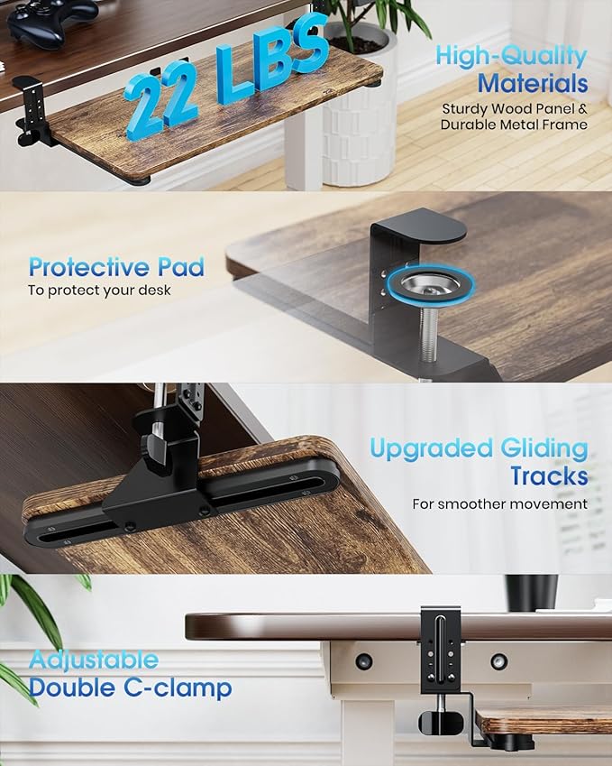 Small Keyboard Tray Under Desk, Pull Out Keyboard & Mouse Tray with Adjustable C-clamp, 20(25.9 Including Clamps) x 11.8 Inch Slide Out Computer Keyboard Drawer Mouse Tray for Typing, Brown