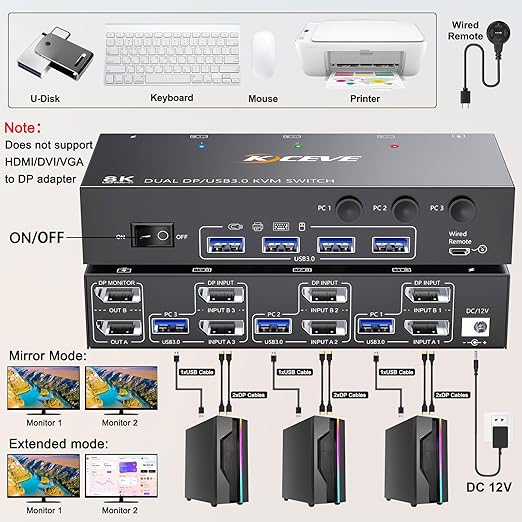 KCEVE KVM Switch 2 Monitors 3 Computers Displayport, USB 3.0 KVM Switch 3 Computer Sharing 2 Monitor and 4 USB 3.0 Devices, 4K@144Hz, Wired Remote(4K DP 3 in 2 Out KVM)