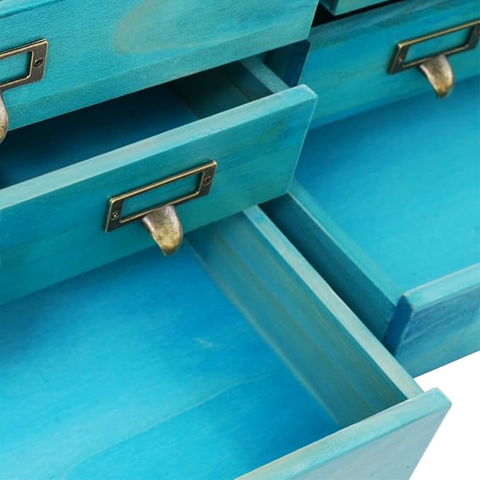12 Drawers Apothecary Cabinet, 4-Pack Wood Tabletop Medicine Cabinet, Vintage Desktop Drawer Library Card Catalog Cabinet Wooden Chest Drawer Organizer for Tea Herbs Jewelry Stationery (Blue)