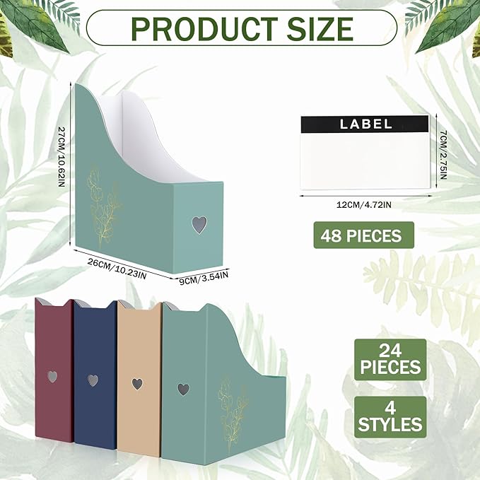 24 Floral Cardboard Magazine Holders Set, File Folders Organizer Decorative 10.23x10.63 Inch with 48 Printable Labels Storage Boxes for Home Office School Desk Classroom