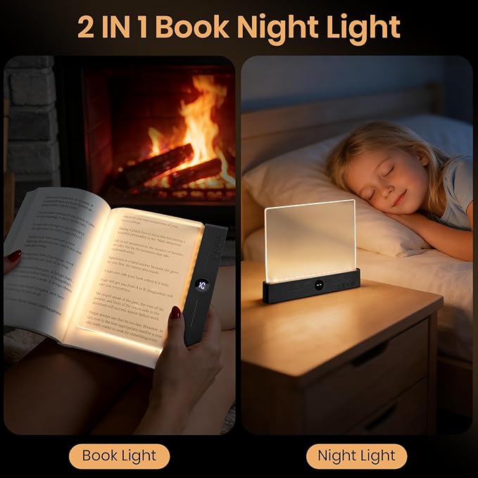 Flat Book Light, Rechargeable Clear LED Smart Reading Light with 3 Colors & Timer, Dimmable Full Page Panel Plate Lamp, Eye Protection, Portable Flat Reading Light for Bedside, Travel, Study (Black)