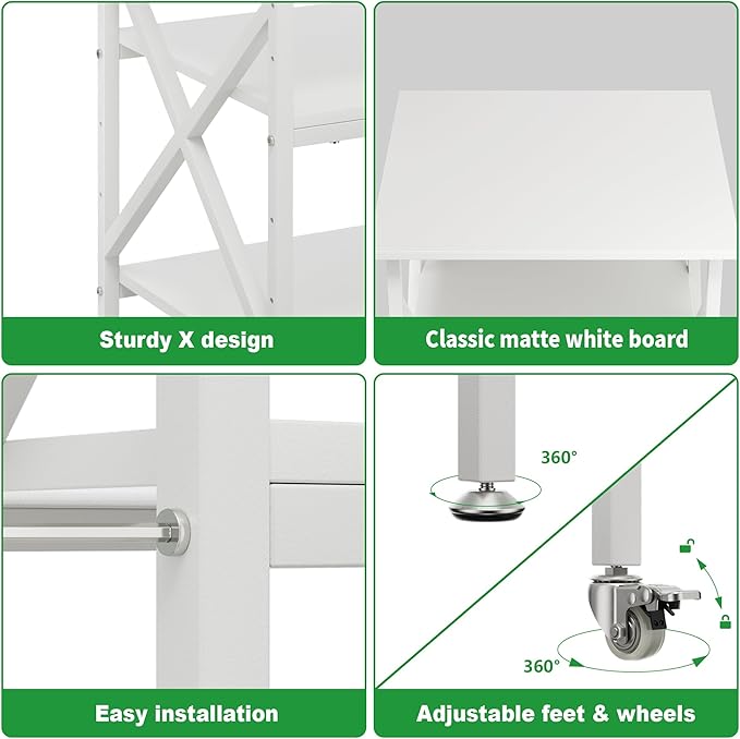 3 Tier Printer Stand, Large Table with Wheels, Rolling Cart with Height Adjustable Middle Storage Shelf, 23.6 x 23.6 x 30.3 Inches Shelf for Home Office, White