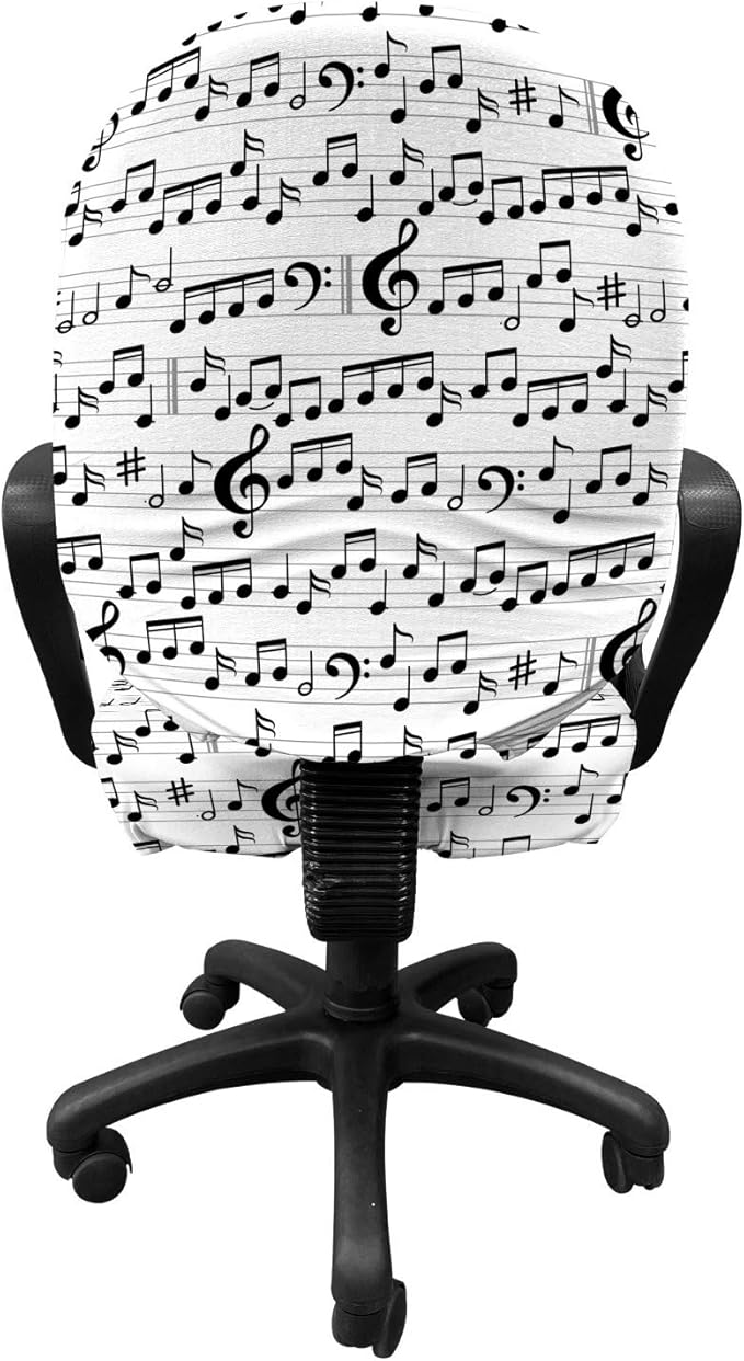Ambesonne Music Office Chair Slipcover, Abstract Style Professional Pattern Notes and Clef Sheet Play Writing Print, Protective Stretch Decorative Fabric Cover, Standard Size, Black and White