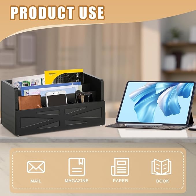 Mail Organizer Countertop, Wood Mail Holder Sorter for Desk, Rustic Bill Storage Organizer Box, Office Letter Basket for Document File Folder Paper Envelope
