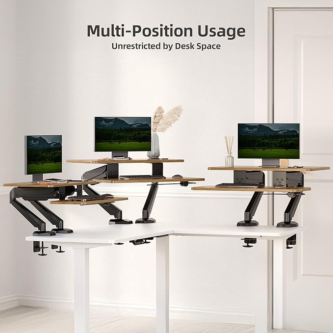 Claiks 24-Inch Sit-Stand Workstation，Innovative Space-Saving Height-Adjustable Ergonomic Desk Converter with Wide Keyboard Tray，Dual Fixation and Flexible Rotation Function, Rustic Brown
