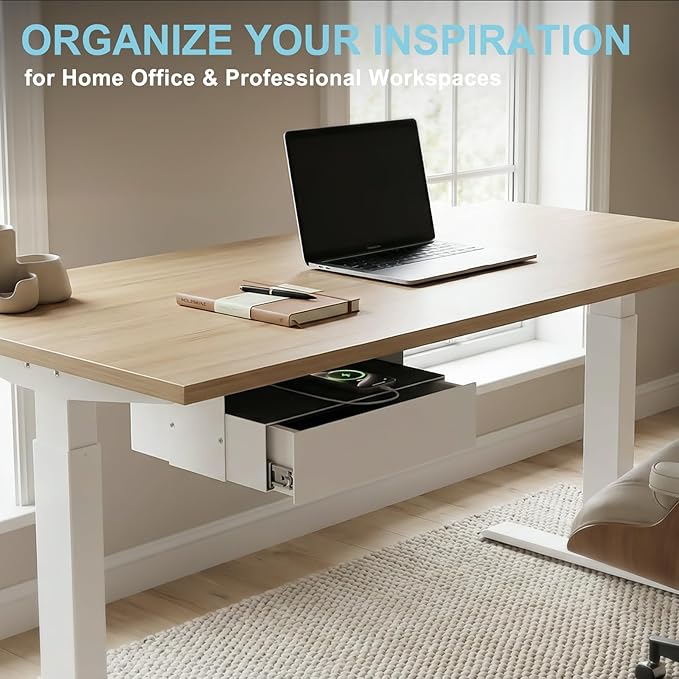 Under Desk Lockable Drawer, Heavy-Duty Pull-Out Storage Organizer with Full-Extension Ball-Bearing Slides, Carbon Steel Undermount Drawer for Home Office & Standing Desk, 13.8 Inch, White