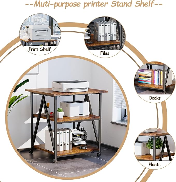 Arbuxzuy 3-Tier Printer Stand, Large Printer Table with Storage, Industrial Printer Storage Cart with Wheels, Rolling Printer Stand for Heat Press Scanner Fax, Brown