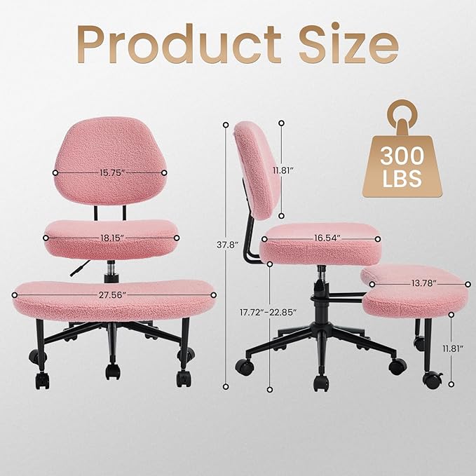 Criss Cross Chair Armless Office Chair for Cross Legged Sitting, 300lb Heavy Duty Ergonomic Desk Chair for ADHD, Adjustable Meditation Yoga Kneeling Chair with Brake Wheels for Home Office (Pink)