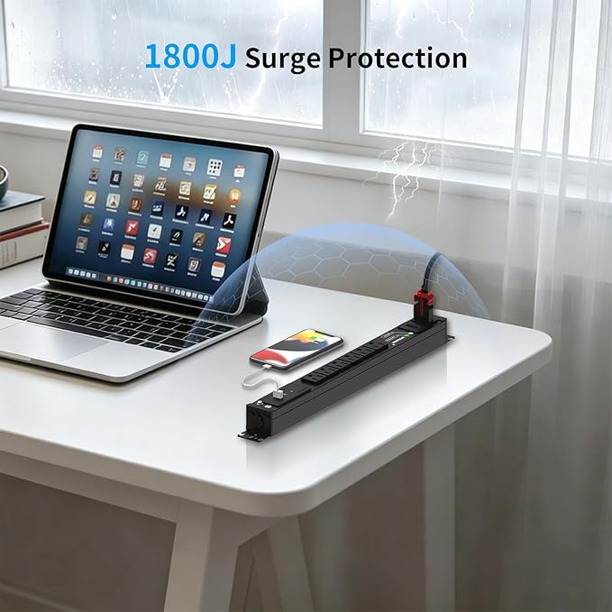 Surge Protector Power Strip, 6 Outlet Mountable PDU Power Strip with Switch, 65W Fast Charging 3 USB Ports, Heavy Duty Power Strip Surge Protector 1800J, 6 Feet Auto Lock Extension Cord, 15A/1875W