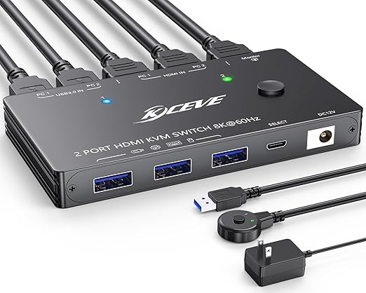 KCEVE KVM Switch 2 Computers 1 Monitor HDMI 2.1, USB 3.0 KVM Switch 2 PC 1 Monitor 8K@60Hz 4K@120Hz,HDCP 2.3 Share 3 USB3.0 Devices, Wired Remote(8K HDMI 2 in 1 Out KVM)