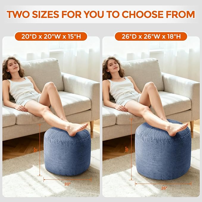 26" x 26" x 18" Pouf Ottoman Foot Rest, Pre-Stuffed Round Foot Stool with Odorless Shredded Memory Foam, Furry & Fluffy Corduroy Footrest for Living Room, Navy
