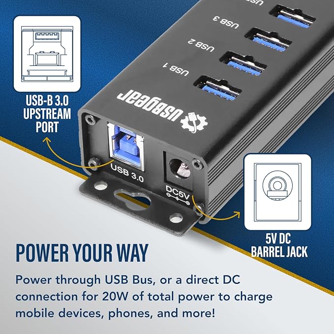 USBGear 10-Port USB Hub 3.2 Gen 1 – Mountable SuperSpeed Data Hub with USB Ports for Laptop, PC, Desktop, and More, 5V/4A Power Adapter with Type-A to Type-B Cable (3ft), Computer Accessories