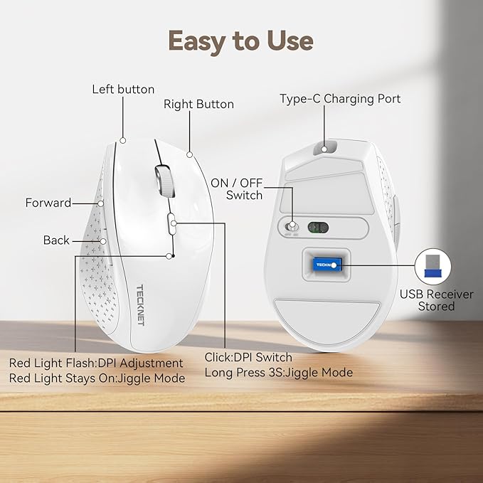 TECKNET Rechargeable Mouse with Jiggler, Plug & Play, 2.4G Connection with USB-C Adapter, Silent Mouse Quiet Click, 6400 DPI Ergonomic Mouse, Cordless Computer Mice for Laptop, Desktop, PC