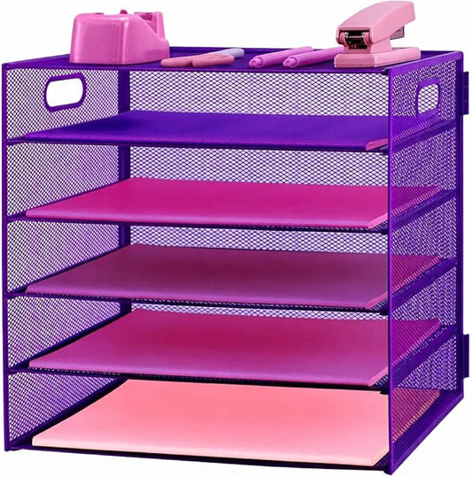 5 Tier Lettrer Tray Organizer, Metal Mesh Desk File Organizer with Sliding Trays, Paper Sorter Desk Organizer for Home Office School, Purple