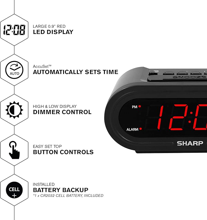Sharp AccuSet Automatic Smart Alarm Clock – Self-Setting Digital Clock, Auto Time & DST Adjustment, Easy-Read Red LED Display, Battery Backup, Simple Plug-and-Play Clock for Seniors & Bedrooms