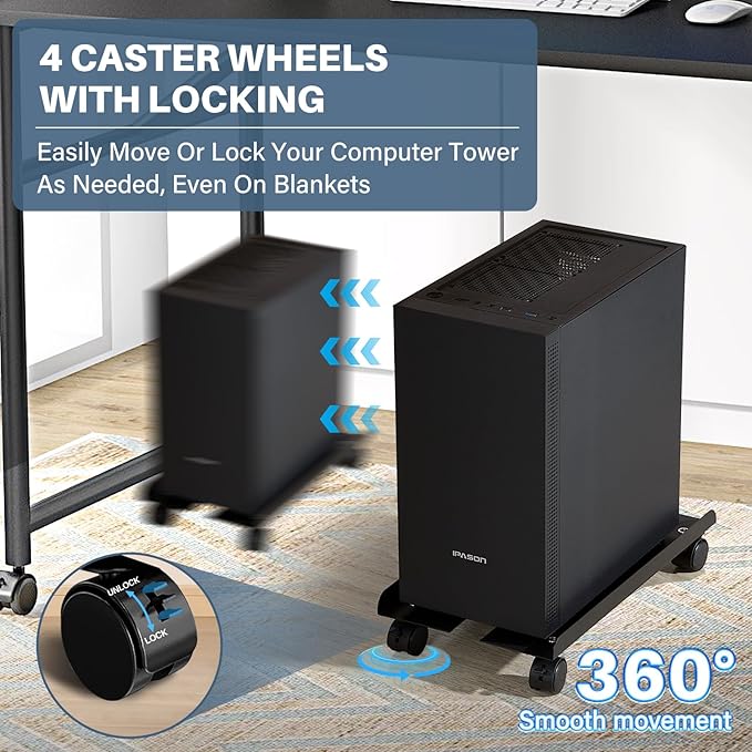 Mobile PC Stand, Adjustable Metal Computer Tower Stand, PC Floor Stand with 4 Locking Caster Wheels, PC Tower Stand, CPU Holder, PC Cart PC Riser Fits Most PC for Gaming Office Desk