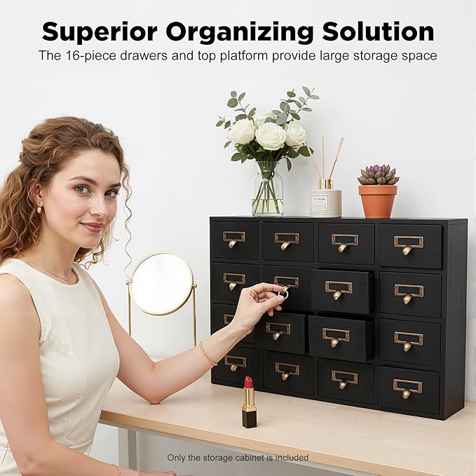 16-Drawer Wooden Desk Organizer Storage Box with Label Holders Vintage Wood Desktop Organizer, Desk Drawer Unit Collectors Box for Living Rooms, Bedrooms, Offices (Black, 1PC, 16 Drawers)