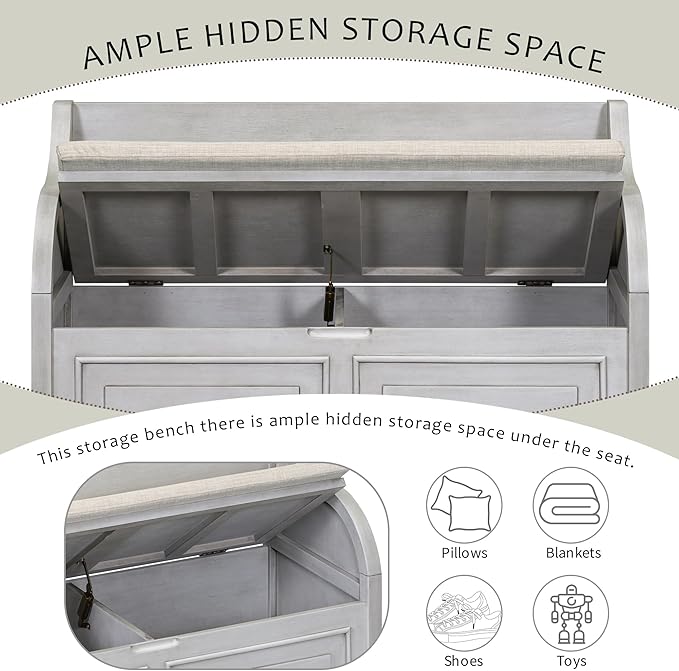 SOFTSEA 41.9" Storage Bench with Back, Entryway Shoe Bench with Cushion & Lift Top Storage, Rustic Shoe Storage Cabinet with Cushioned Seat for Entryway, Bedroom, Living Room (Grey Wash)