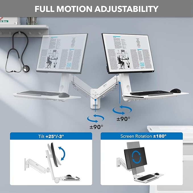 Mount-It! MedHub Wall-Mounted Medical Workstation – Height Adjustable Monitor & Keyboard Arm with Folding Tray, Sliding Mouse Pad, VESA Mount – Ideal for Clinics, Exam Rooms & Dental Environments