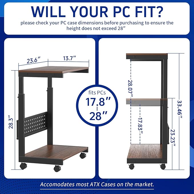Computer Tower Stand / PC Tower Stand with Wheels, Dual Tier & 5-Level Adjustable CPU Holder Cart (23.2-33.5") — Under Desk Floor PC Stand for Gaming & Home Office