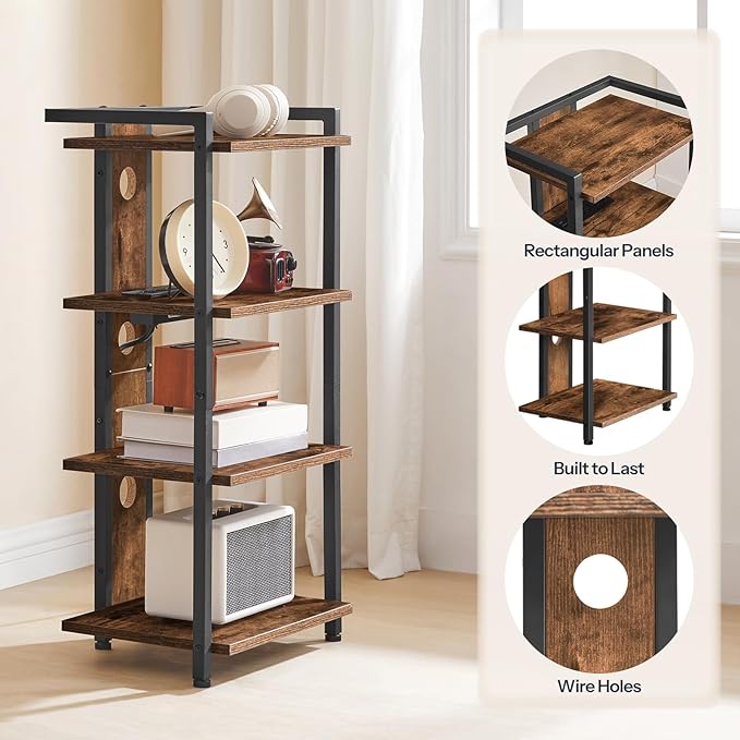 HOOBRO 4-Tier AV Media Stand, Media Console with Charging Station and LED Light, Wooden Stereo Cabinet, Corner TV Stand, Record Player, Entertainment Device Stand, Rustic Brown and Black BF38UDCJ01