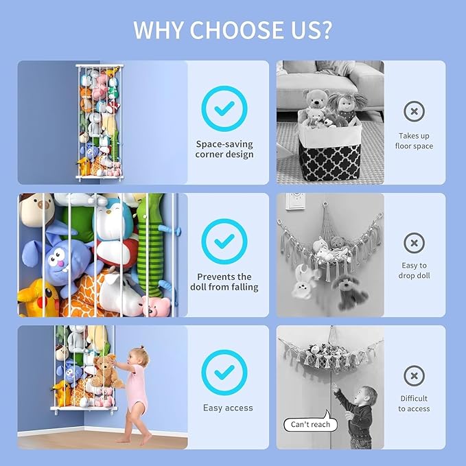 Corner Stuffed Animal Storage for Kids Room - Length Adjustable Wall Stuffed Animal Organizer - Plush Toy Holder Shelf for Nursery Playroom Bedroom (White)