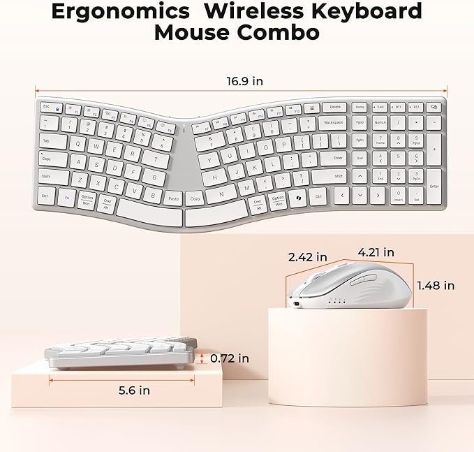 MEETION Ergonomic Keyboard and Mouse Wireless, Split S-Curve Design, 2.4G Wireless & Dual Bluetooth, Slim Low-Profile Rechargeable Full Size Keyboard, 4 DPI Mouse for Windows Mac PC Laptop, White