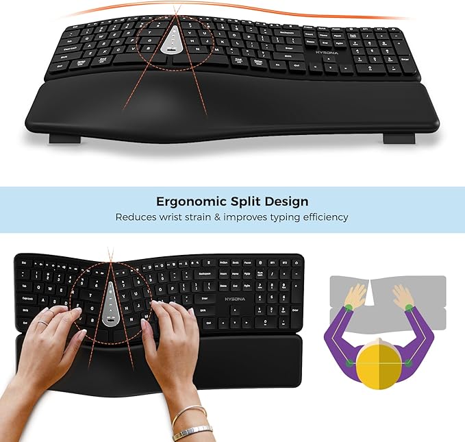 KYSONA Ergonomic Keyboard Mouse Wireless Combo, Full Size Bluetooth Split Keyboard with Wrist Rest, 4 Level DPI Ergo Mouse for Windows Mac OS Computer, Black