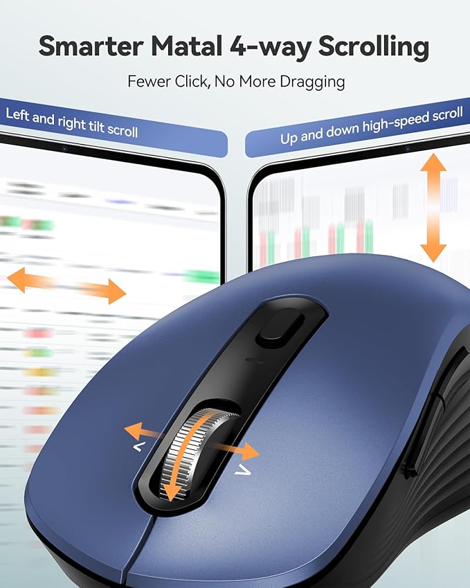 TECKNET Rechargeable Bluetooth Mouse, [ USB + BT5.0 + BT3.0 ] Wireless Mouse, Ergonomic 4-Way Scroll Wheel Computer Mice, 6-Level 4800 DPI Silent Mice, Multi-Device for Computer/Laptop/MacBook (Blue)