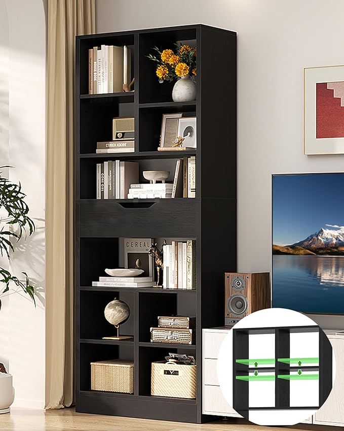 Armocity 8-Tier Tall Bookshelf with Drawer, 73.6" Narrow Freestanding Bookcase, Space-Saving Wood Display Shelves Storage for Living Room, Home Office Bedroom, Black