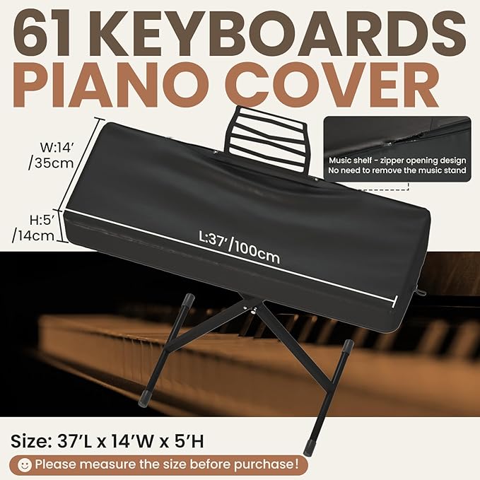 61/88Keys Electric Piano Keyboard Dust Cover - Waterproof, Dustproof, Scratch-Resistant, Adjustable Fit, Machine Washable - 37"(L) x 14"(W) x 5"/4.7"(H) (61keys-black)