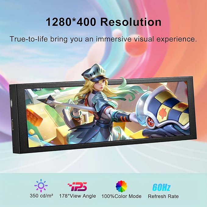 7.84 Inch HD Mini Monitor 1280x400 IPS Stretched Bar LCD Display with Casing for macOS Window Speed Temperature Aida64 CPU GPU Monitoring Secondary Screen
