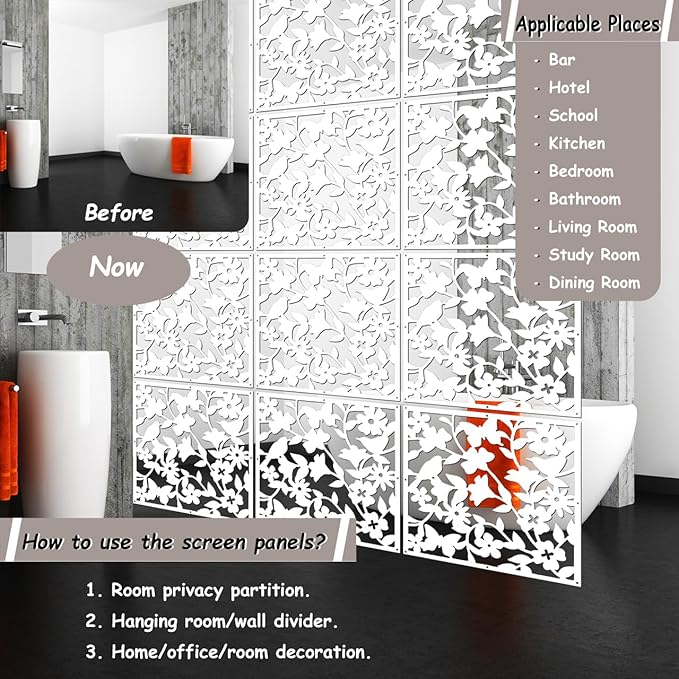 Lchen Hanging Room Divider,12 Pieces PVC Panel Screen Bird Flower for Living Dining Sitting-Room Hotel and Bar Decoration(White01)