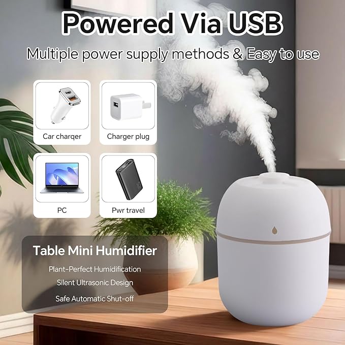 Hortsun 6 Pcs Portable Small Humidifier USB Personal Desktop 220 ml Mini Humidifier for Bedroom Plants Car Office Room Home Travel (White,Pink,Green)