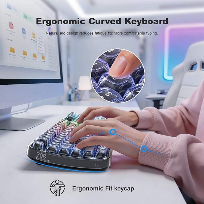 MOFII Clear Curved Ergonomic Wireless Keyboard, Tri-Mode Bluetooth5.0/2.4G/USB-C RGB Backlit Keyboard Rechargeable, Full-Size Computer Keyboards for Laptop/PC/Desktop/iPad/Smartphone/Smart TV, Black