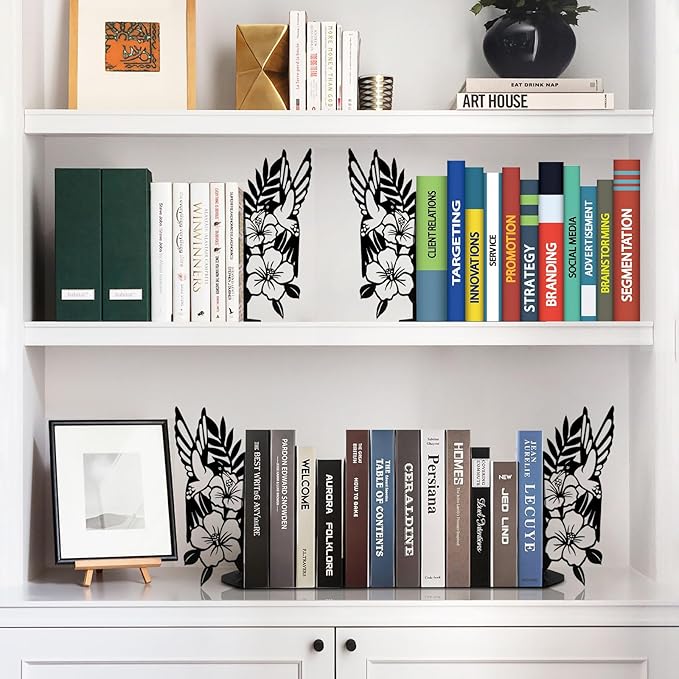 ENCIMART Bird Metal Bookends for Shelves Cute Flower Book Ends for Heavy Books Bookshelf Decorative Objects Office Home Desk Bookshelf Decor Book Lover Hummingbird Gifts for Women (Black)